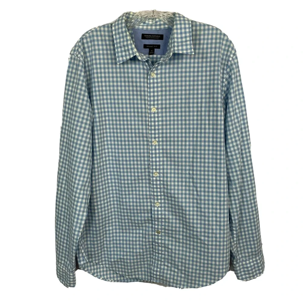 Banana Republic Shirt Mens Sz M Grant Fit Blue White Gingham Button Up‎